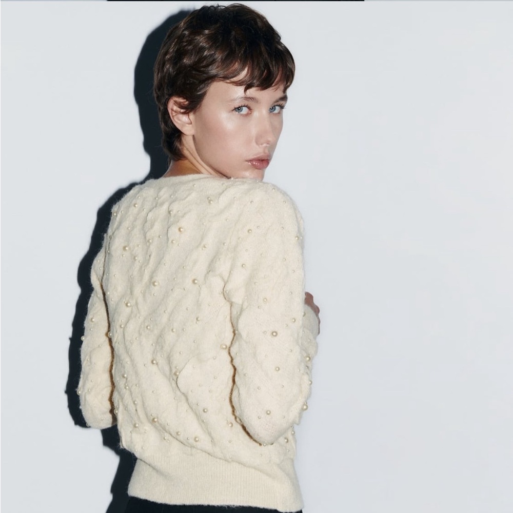 Zara PEARL TEXTURED KNIT CARDIGAN | COLOR: ECRU | SIZE: M | BRAND NEW - Picture 6 of 9